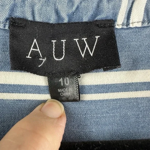 AUW Shirt Dress Women's 10 Blue Striped Chambray Tie Waist Hi Lo Hem - Picture 2 of 10